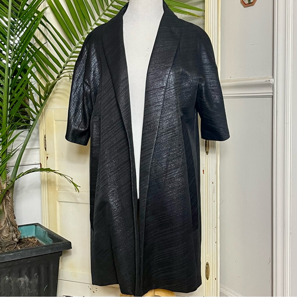 Behnaz Sarafpour Black Metallic Open Front Kaftan Evening Jacket Swing Coat